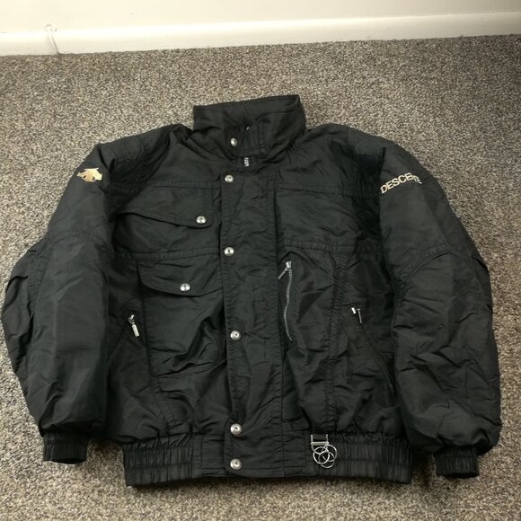 Vintage Descente Ski Jacket Insulated Full Zip Stowaway Hood Black Mens Large
